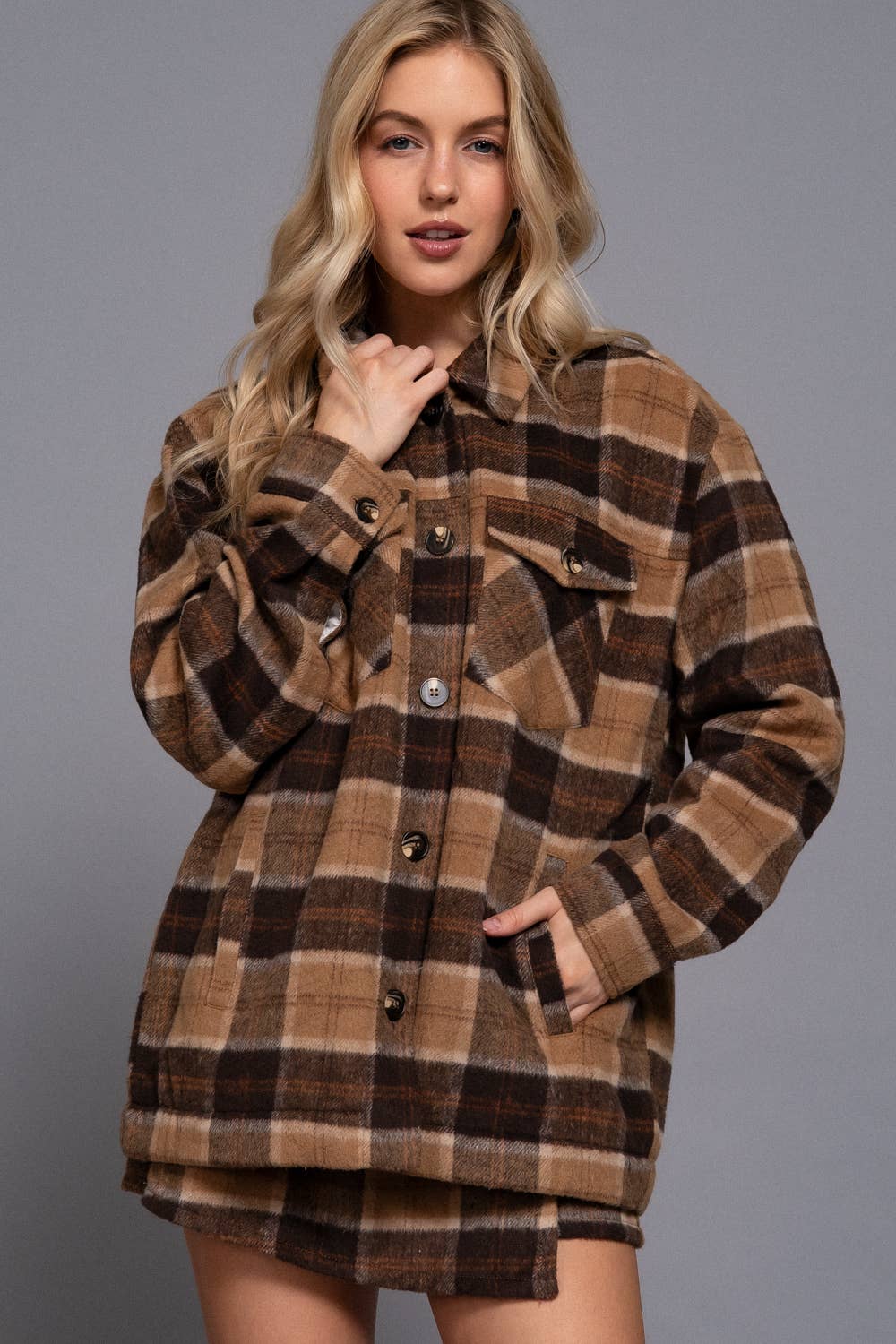 Faux Fur-Lined Brushed Plaid Jacket