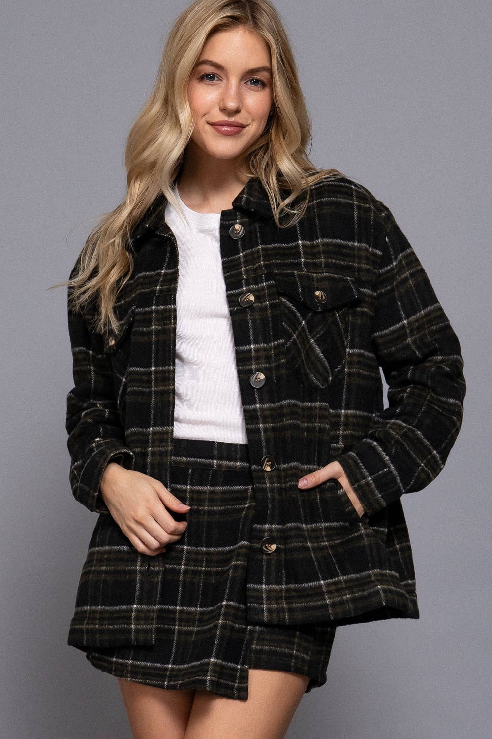 Faux Fur-Lined Brushed Plaid Jacket