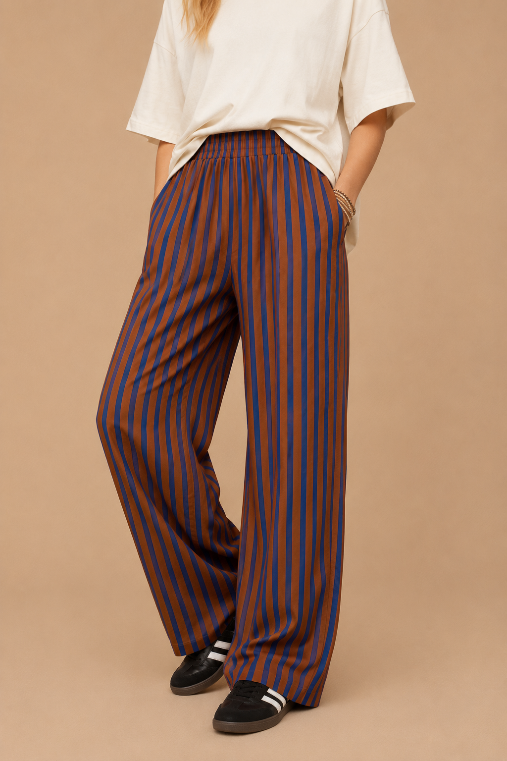 Blue & Cognac Striped Wide-Leg Pants