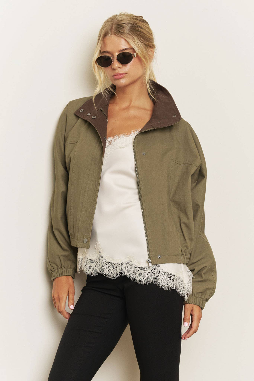Contrast-Collar Boxy Bomber Jacket