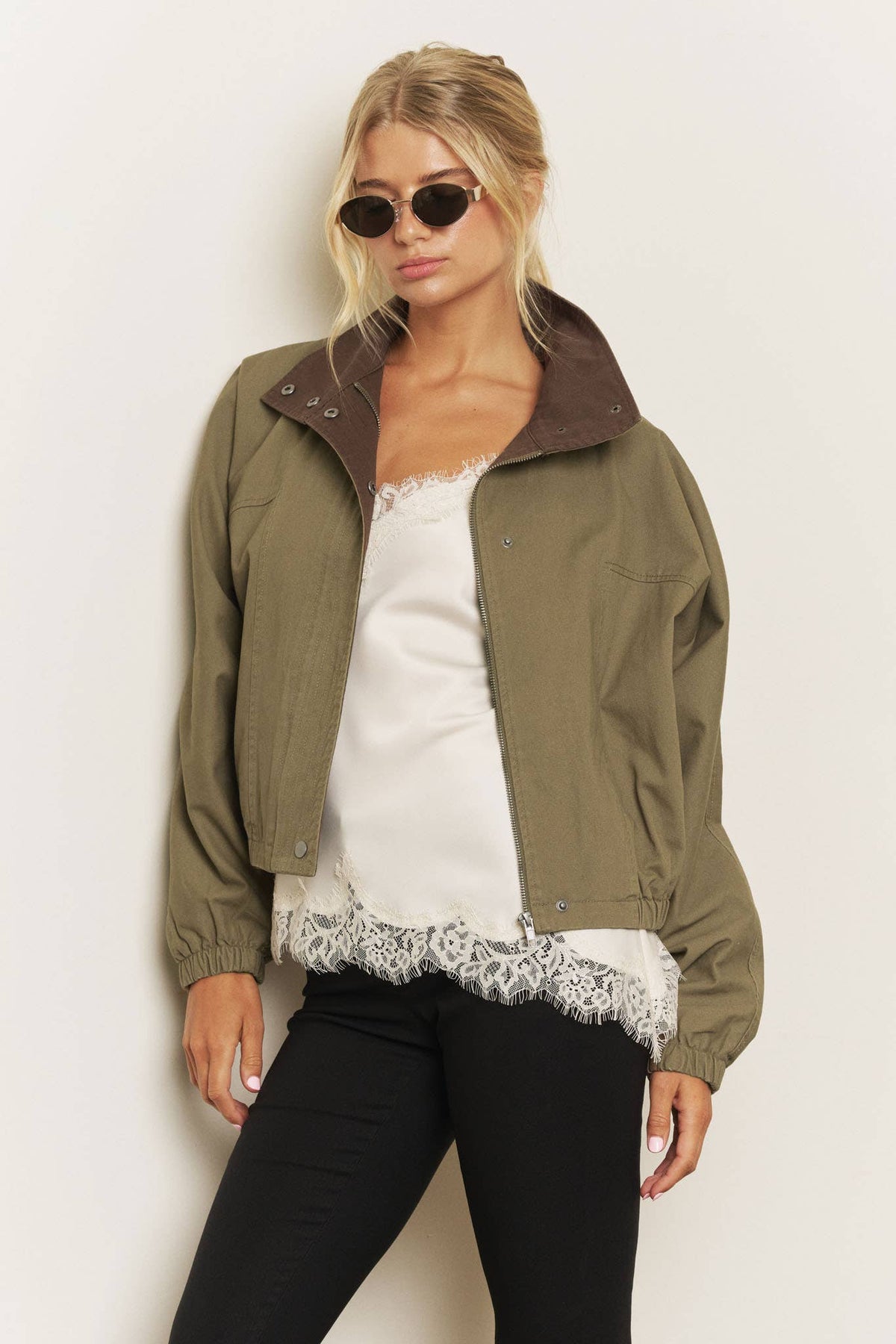 Contrast-Collar Boxy Bomber Jacket