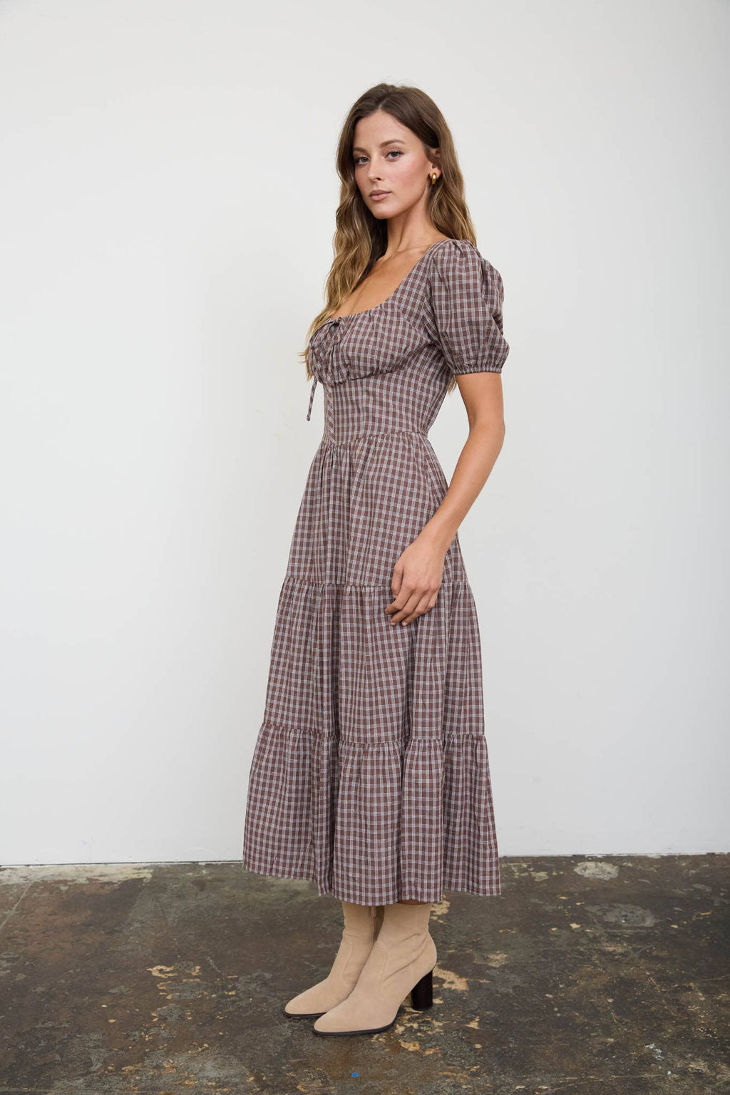 Plaid Puff Sleeve Corset Detail Midi Dress