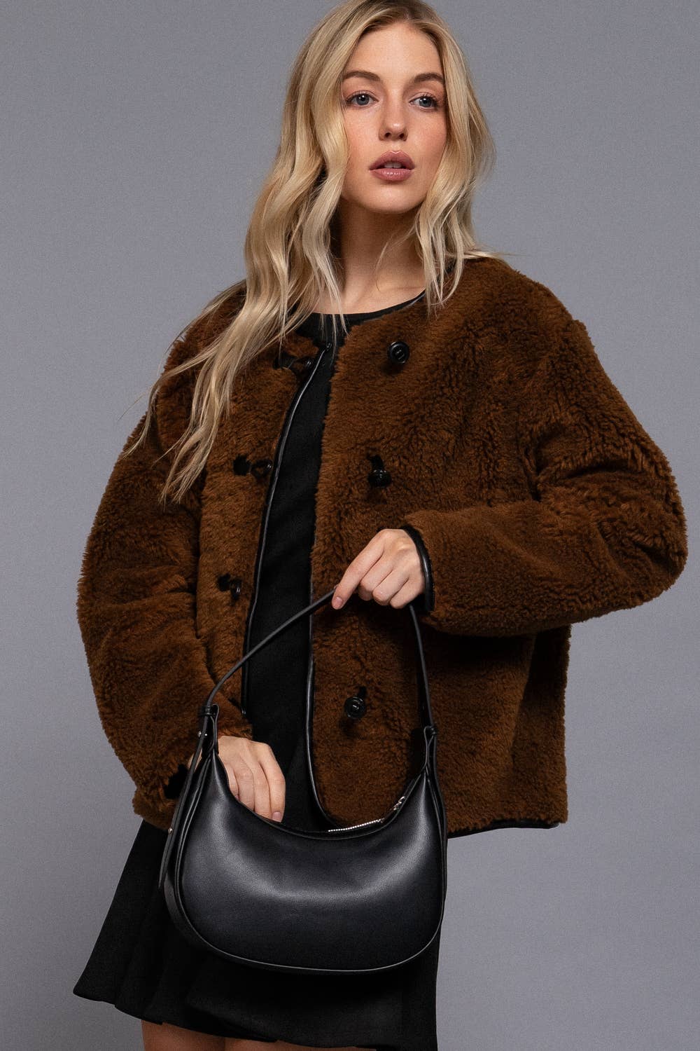 Brown Faux Fur Toggle-Style Jacket