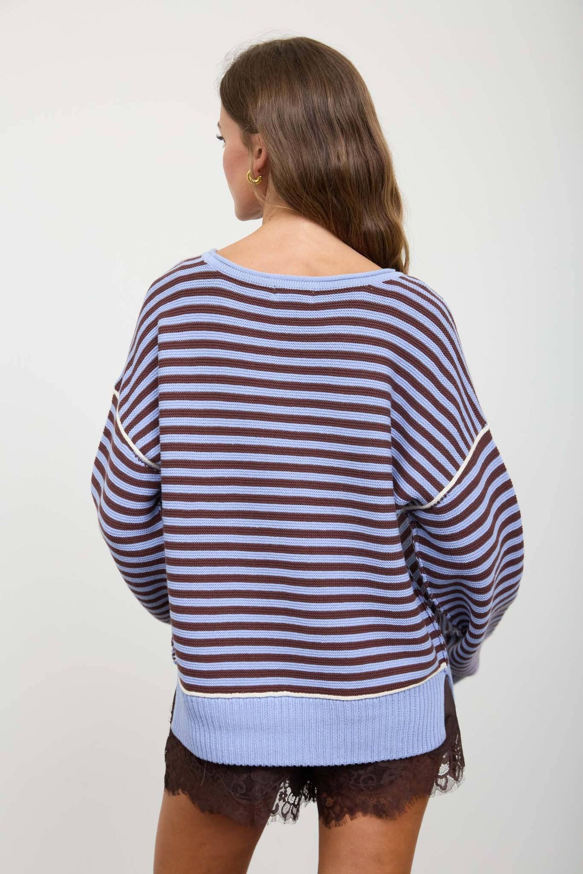 Striped Contrast-Stitch Raw-Edge Knit Sweater
