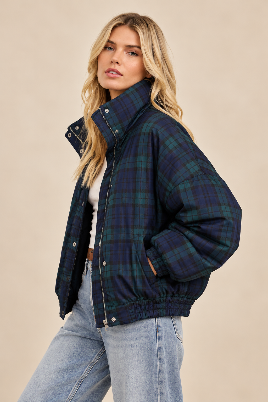 Plaid Snap-Front Mock Neck Puffer Jacket