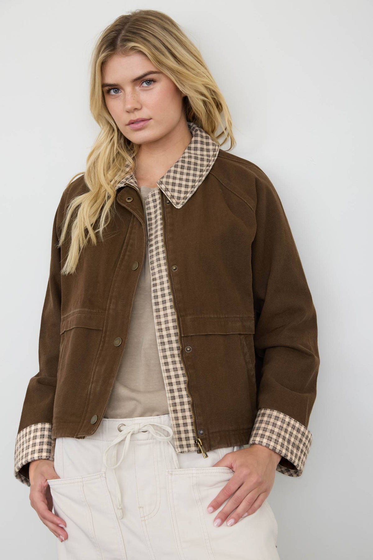 Gingham-Trim Cropped Cotton Jacket