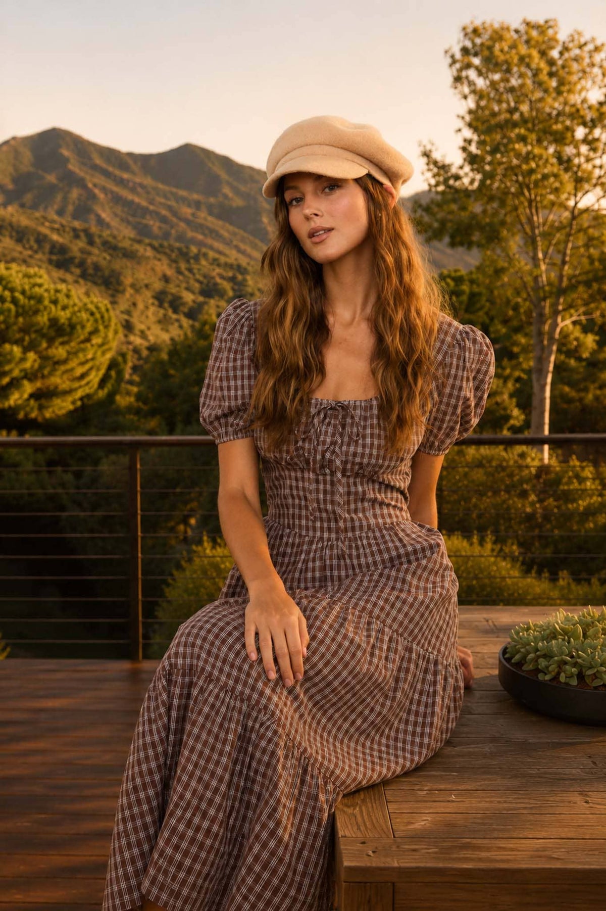 Plaid Puff Sleeve Corset Detail Midi Dress