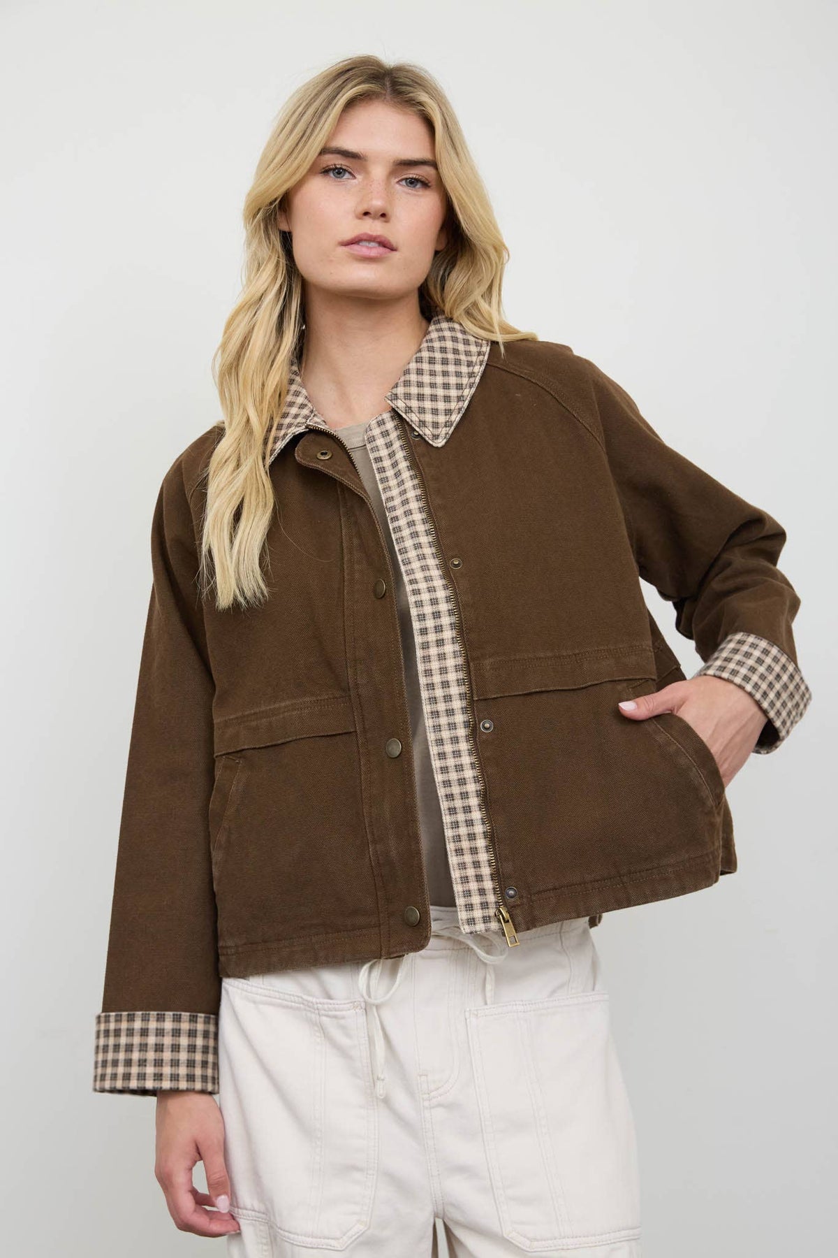 Gingham-Trim Cropped Cotton Jacket