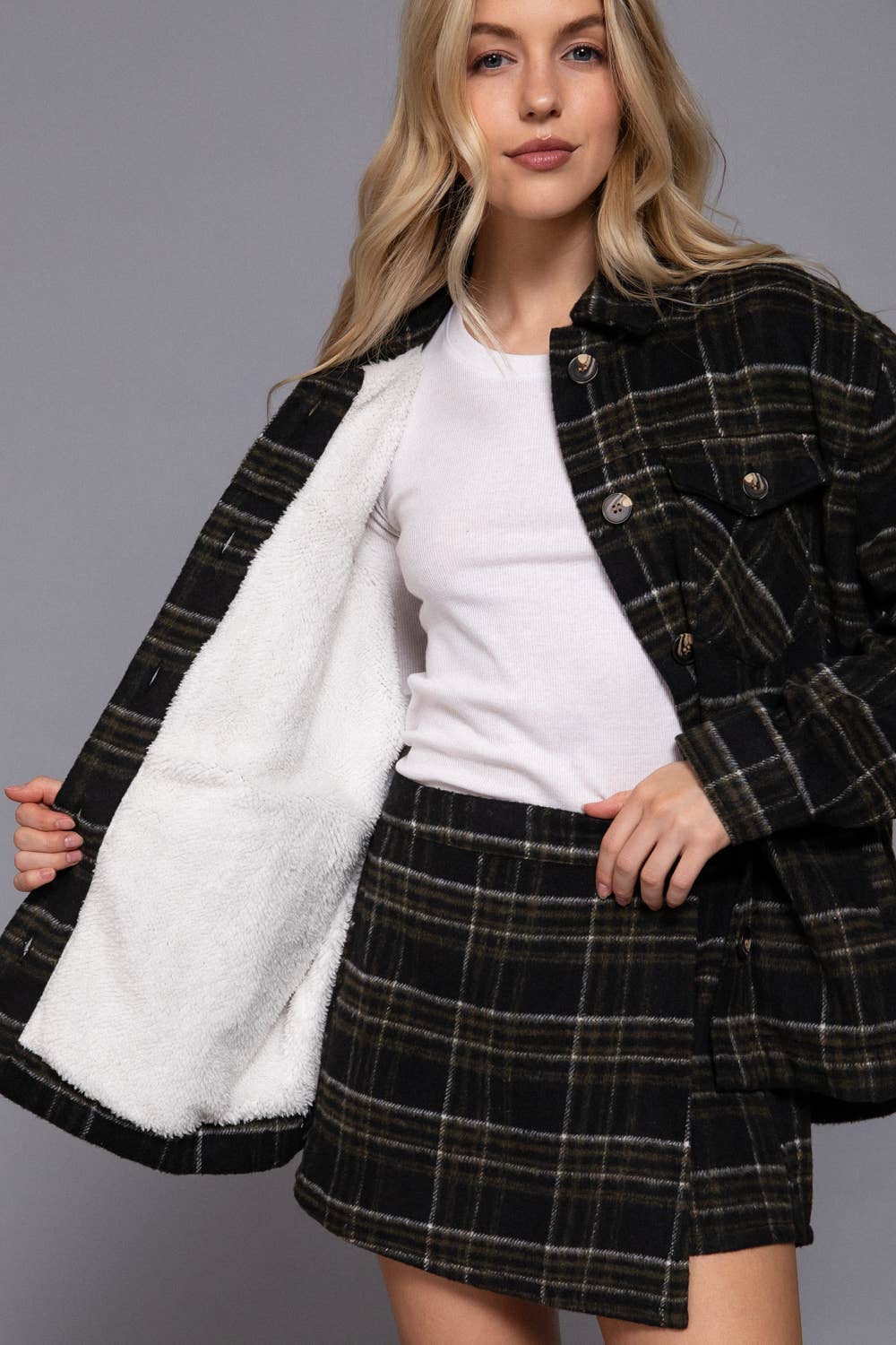 Faux Fur-Lined Brushed Plaid Jacket
